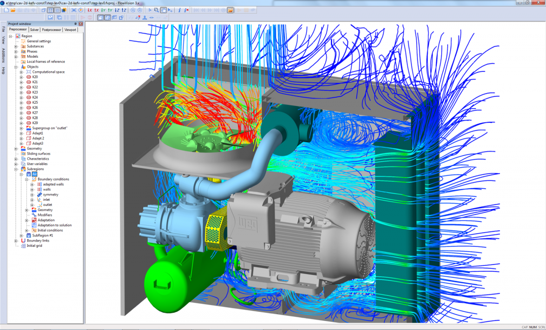Screenshot of a 3D cut away image of air flow into a machine part.