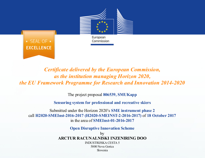 Screen shot of a Certificate delivered by European Commission, as the institution managing Horizon 2020, the EU Framework Programme for Research and Innovation 2014 - 2020