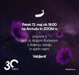 Sken plakata za dogodek z naslovom 'Pogovor s prof. dr. Alojzom Kodretom o življenju, vesolju in vsem ostalem'.