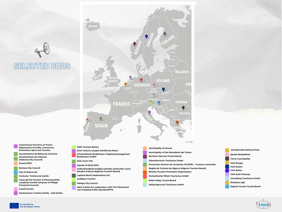 Photo of Europe with waymarks displaying D3Hub destinations.