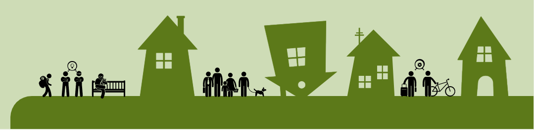 A green digital drawing of houses and black figures.