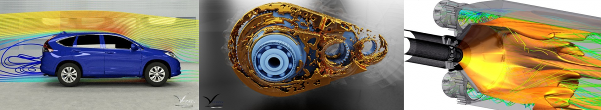 Three photographs side by side. First photograph shows aerodynamics of a minivan. The picture in the middle displays 3D drawing of some engine parts. The last image display cut-away of a piston.