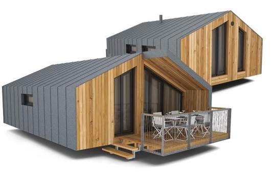 Two 3D images of a small ground floor wooden house.