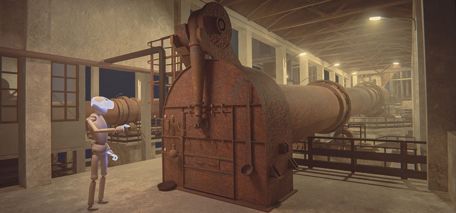 Animated figure wearing VR goggles exploring the smelter.
