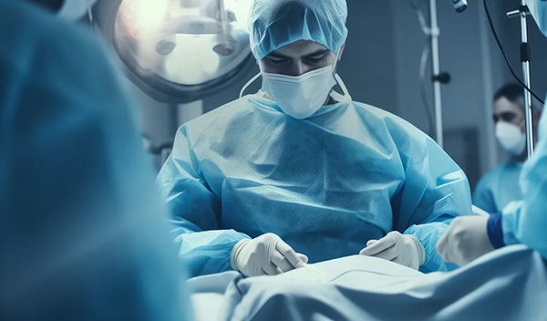 Photograph of a surgeon during an operation. He is wearing a light blue coat, cap, and white surgical gloves.